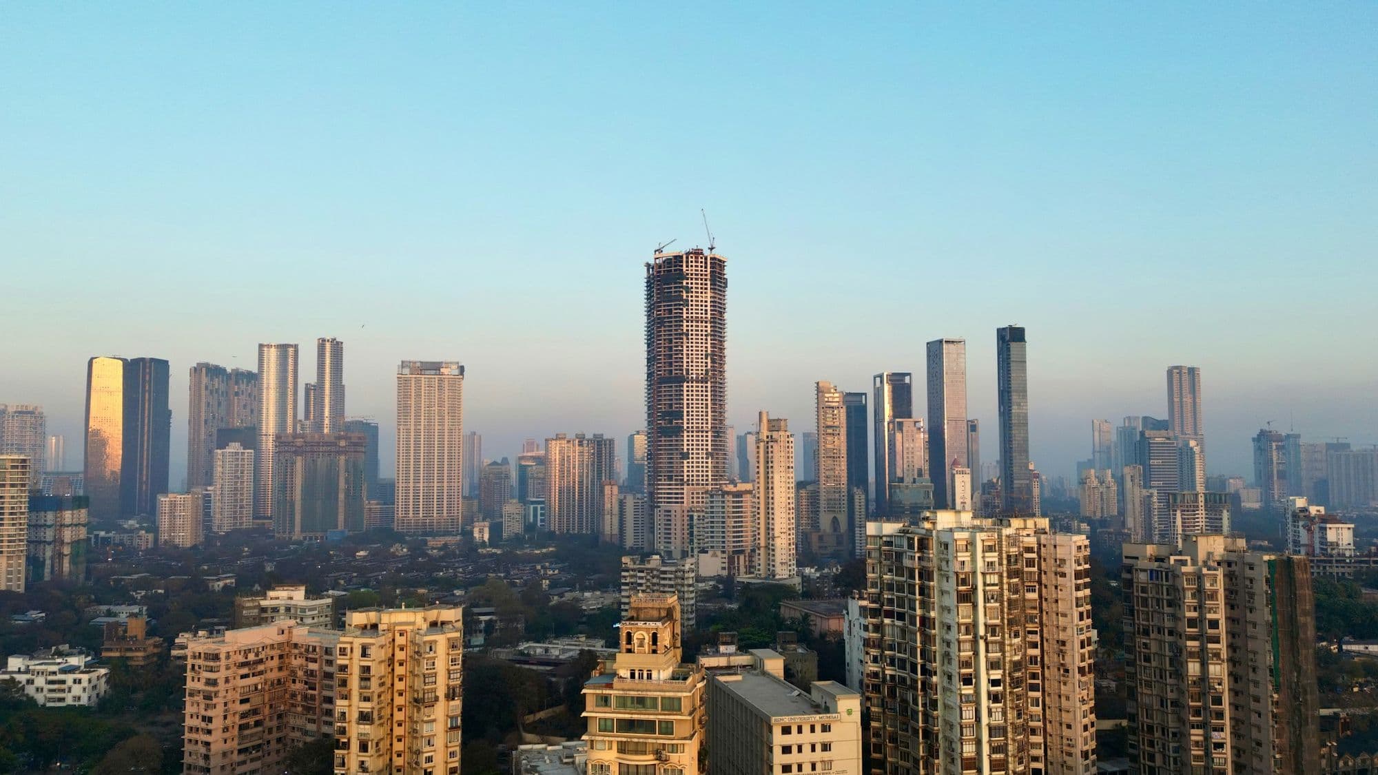 Mumbai skyline seen from Worli Sea Face, with high-rise towers along the Arabian Sea coast